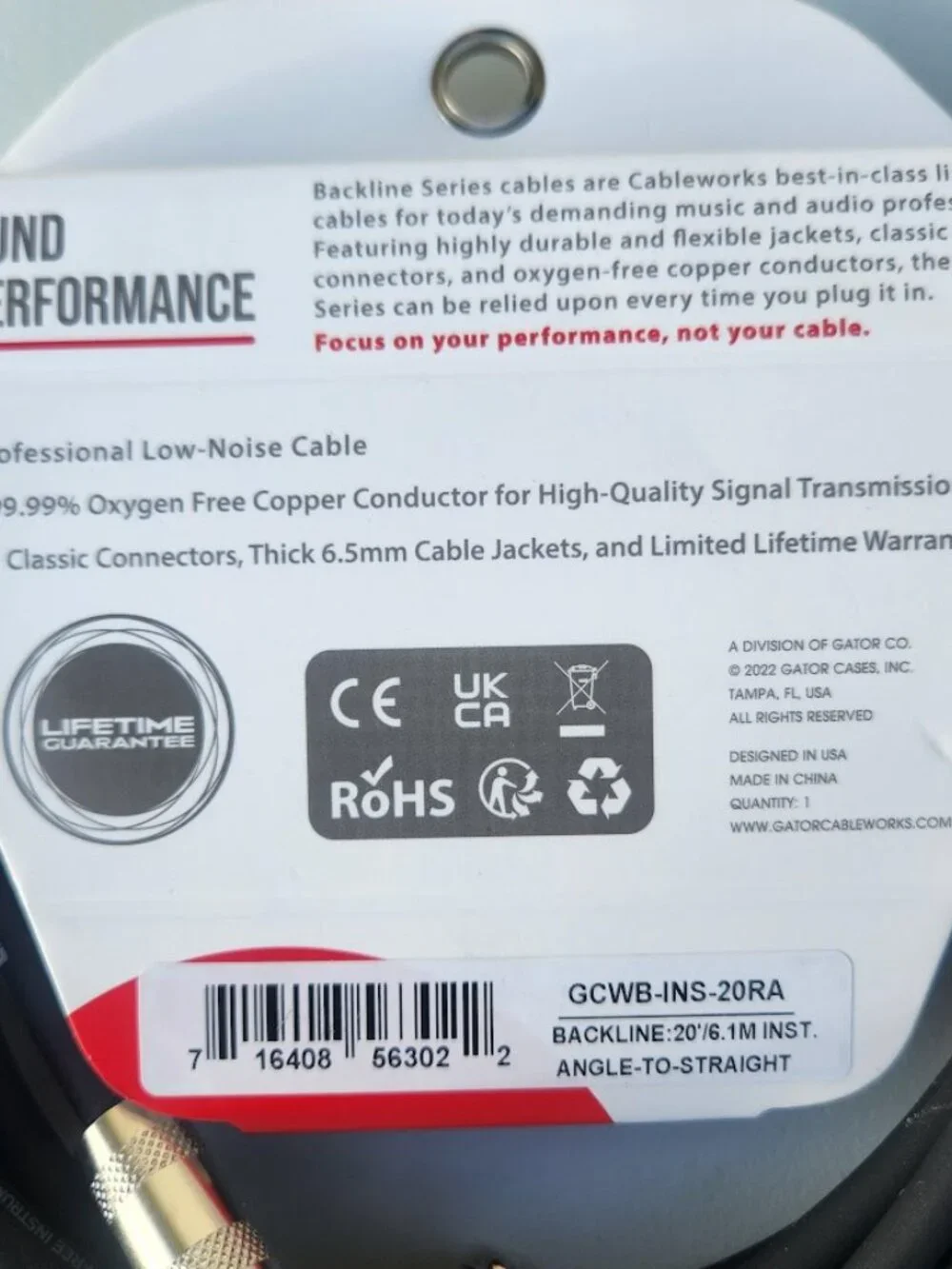 NEW 20' Electric Guitar Cable Cableworks Gator Cases Backline Series Standard 20